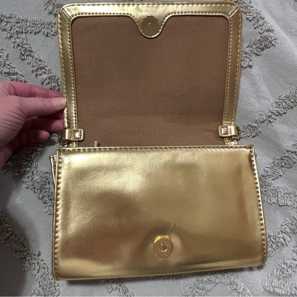 Tory Burch Perforated Logo Metallic Gold Leather Clutch Crossbody - Picture 9 of 16